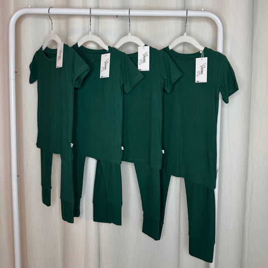 Green Ribbed Short Sleeved Pajama Set