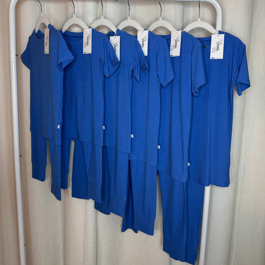 Blue Ribbed Short Sleeved Pajama Set