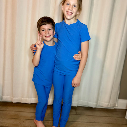 Blue Ribbed Short Sleeved Pajama Set