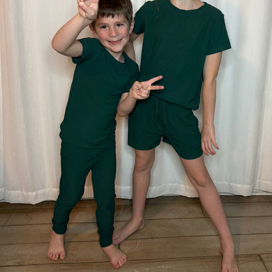 Green Ribbed Short Sleeved Pajama Set