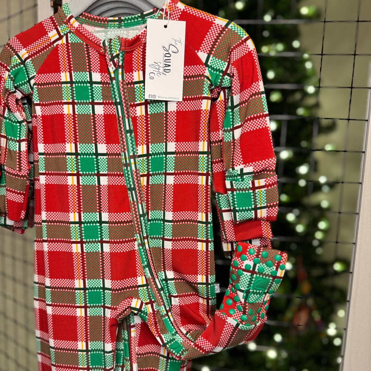 Plaid you're here convertible romper with footie grips