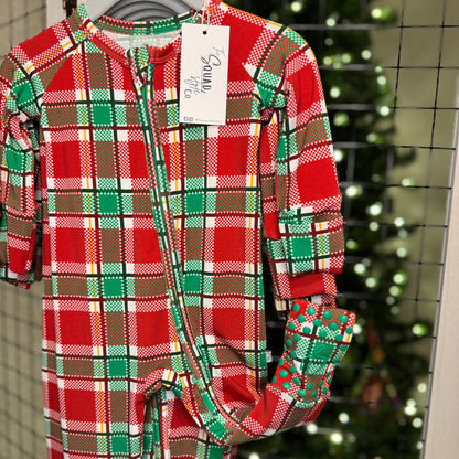 Plaid you're here convertible romper with footie grips