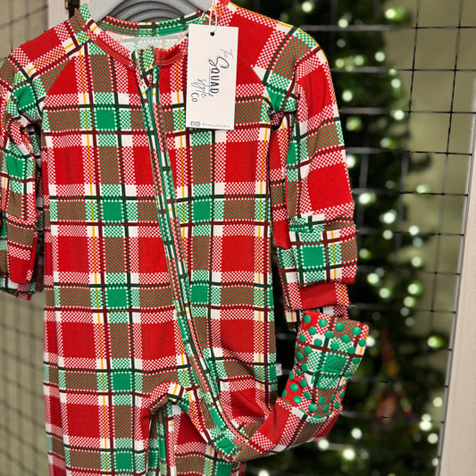 Plaid you're here convertible romper with footie grips